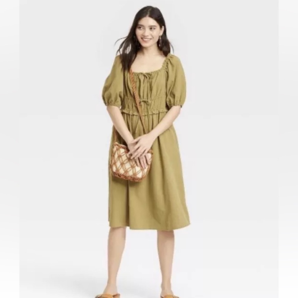 Universal Thread Dress Small Tribeca Green Puff Short Sleeve Cotton NWT